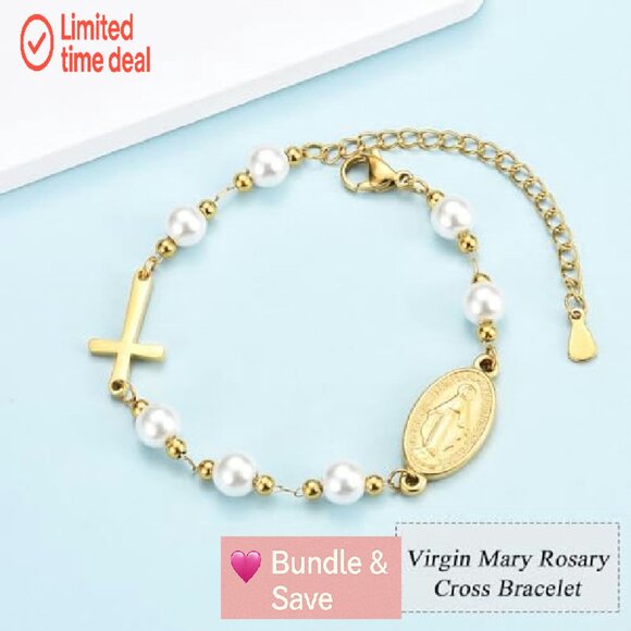 Stainless Steel Virgin Mary Cross Bracelet, Adjustable, Religious Gift - Picture 3 of 8